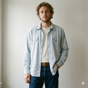 Vintage Levis Western Shirt Mens Large Light Blue Pearl Snap Red Line Selvedge